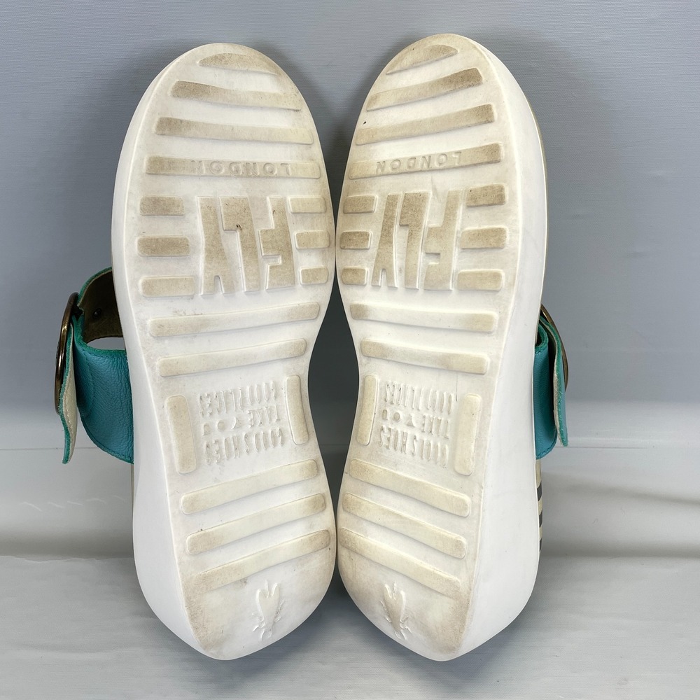 Fly London Dafi Wedge Sandals Womens Size 41 US 10 Blue Leather Buckle Shoes - Picture 10 of 10